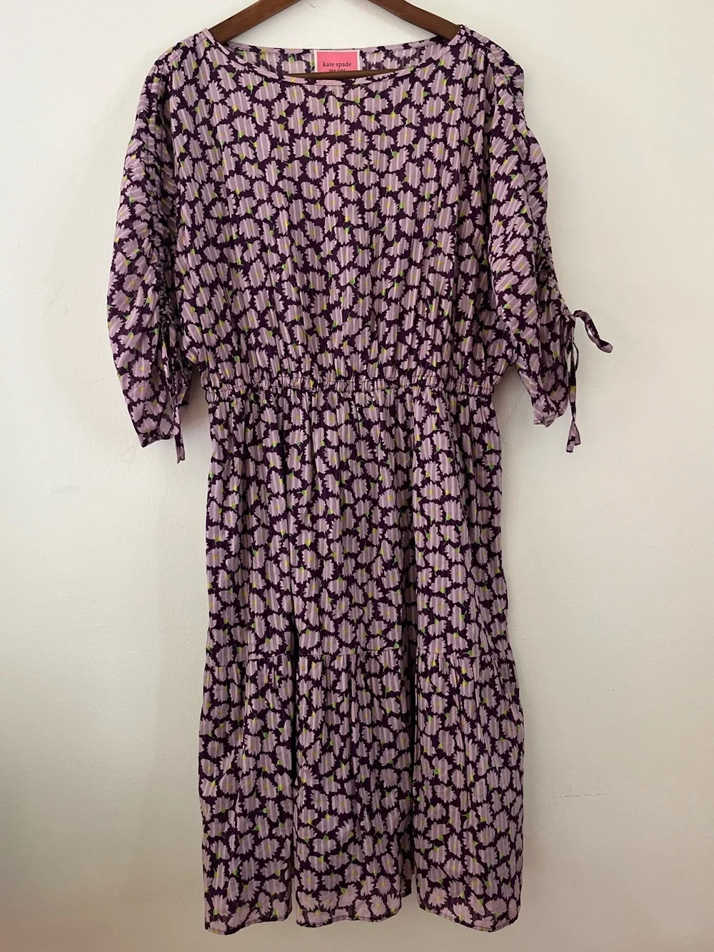 Kate Spade Sunny Bloom Pleated Midi Dress Cotton Purple Floral Womens Size Large